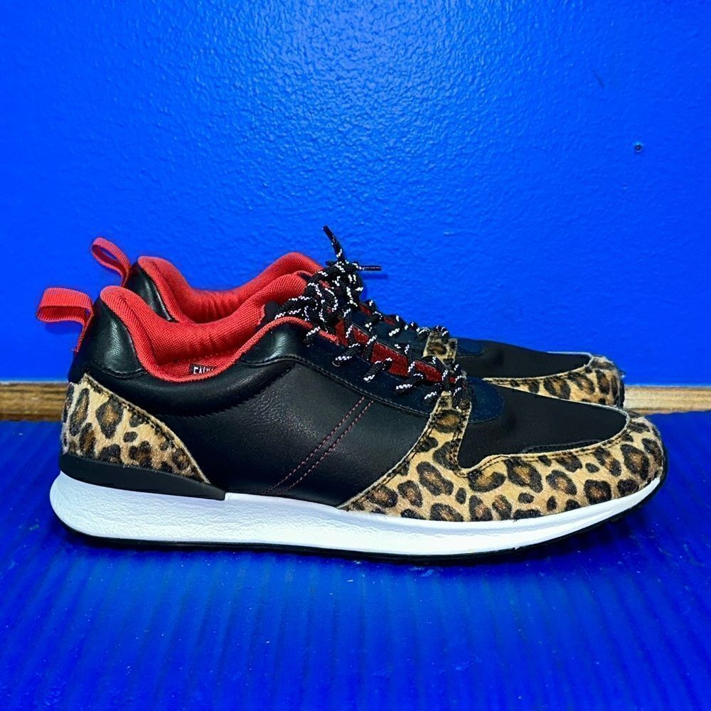Size 11- Men’s ALDO Leopard Faux Fur Shoes Sneakers Black/Red NEW RARE